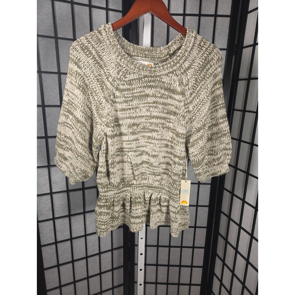 C&C California Women Olive Green Cream Cottagecore Peplum Knit Sweater‎  Size M